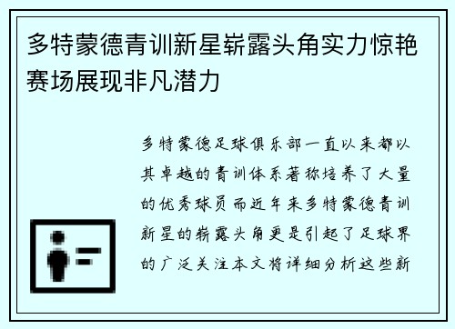 多特蒙德青训新星崭露头角实力惊艳赛场展现非凡潜力