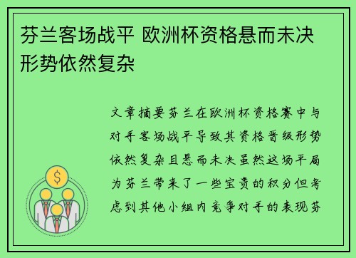 芬兰客场战平 欧洲杯资格悬而未决 形势依然复杂